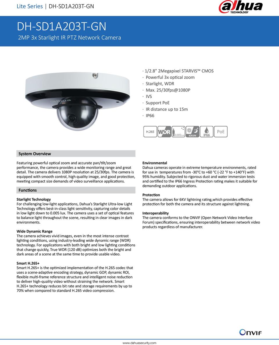 Dahua DH-SD1A203T-GN-S2 2MP Starlight PTZ with 2.7mm-8.1mm Lens and 3x Optical Zoom 0